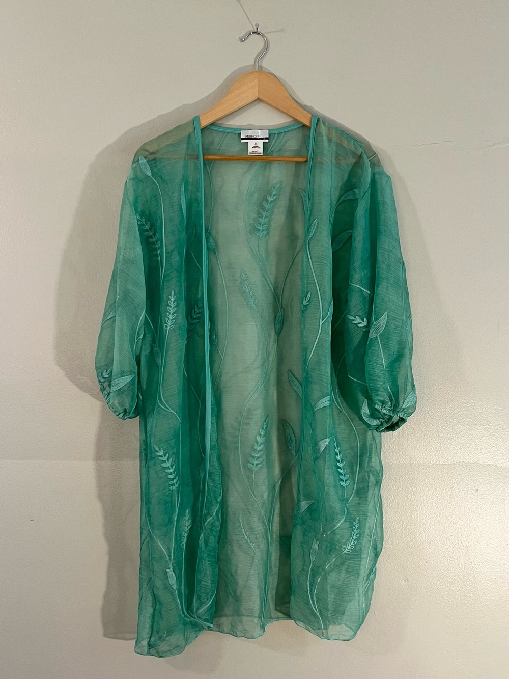 Y2K vibrant green sheer embroidered leaves kimono duster fairy whimsy summer